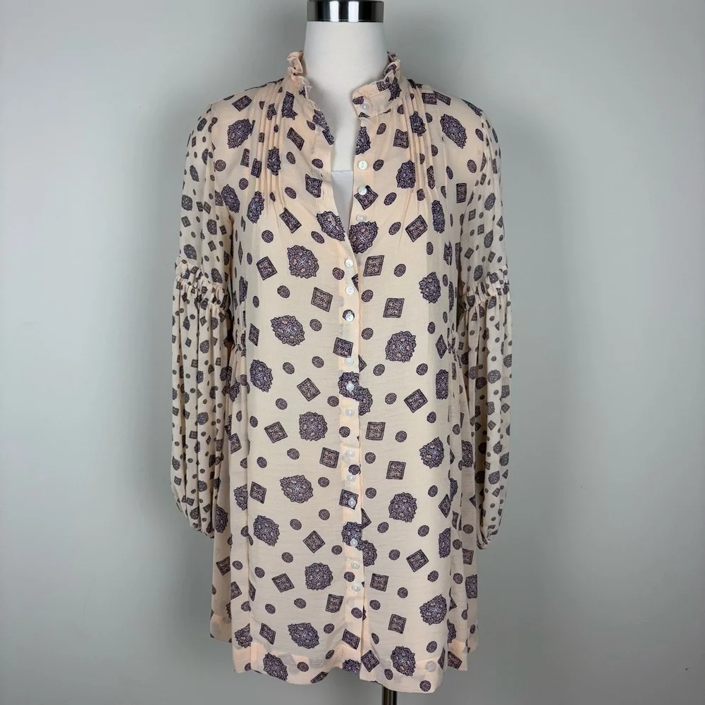 Free People Turn Turn Mini Button Front Dress Sz XS Cream Purple Print Boho Chic